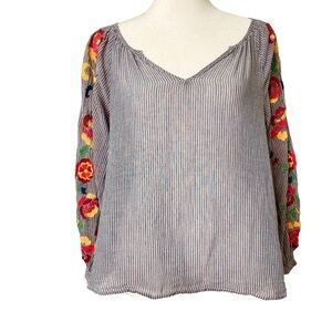 floreat Anthropologie Boho Embroidered Tassel Split Back Cotton Blouse (Size XS)